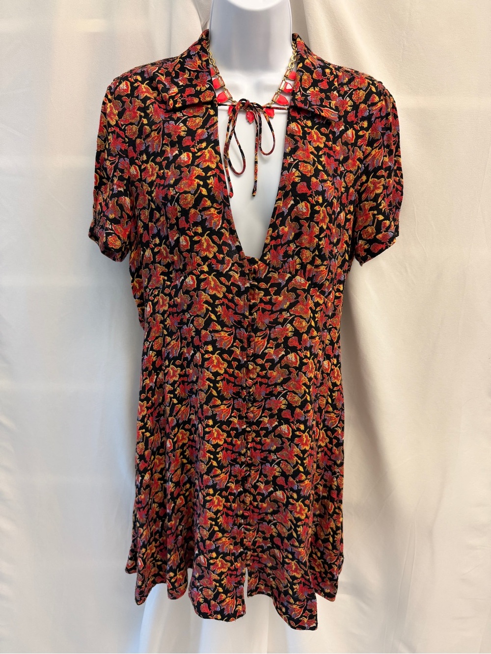 Free People Floral Tie-Neck Mini Dress Short Sleeve Button Front Size 4
